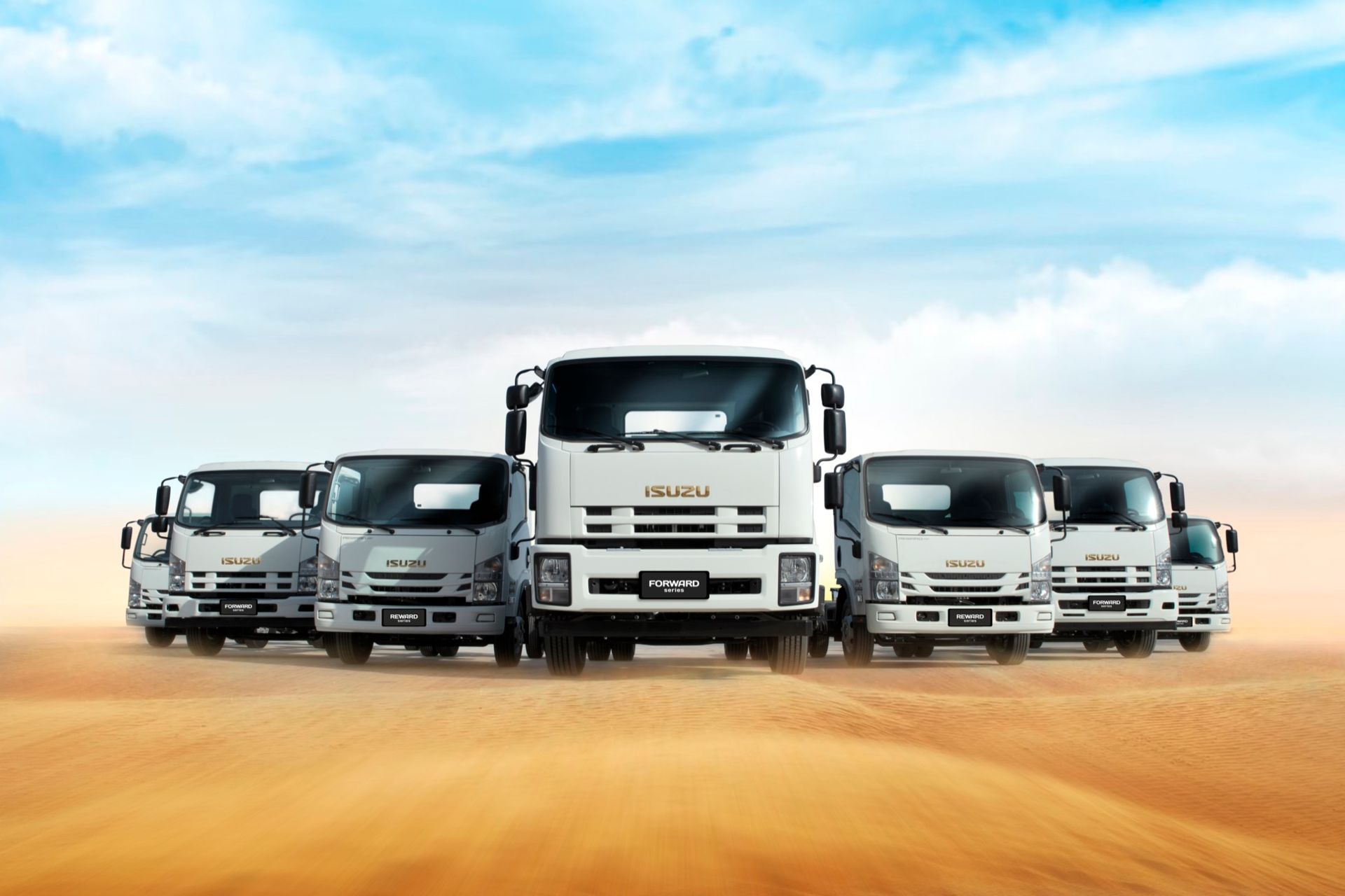 The Isuzu range lined up in the desert